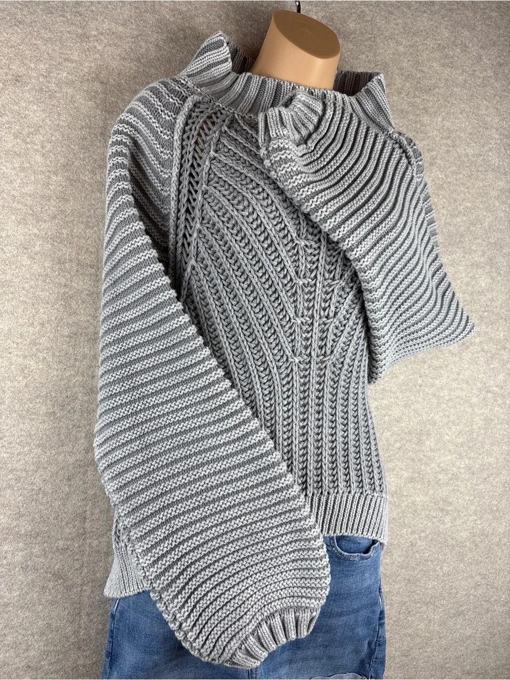 Free People Sweetheart Sweater Heavy Knit Cotton Pullover Mock Neck Grey XL